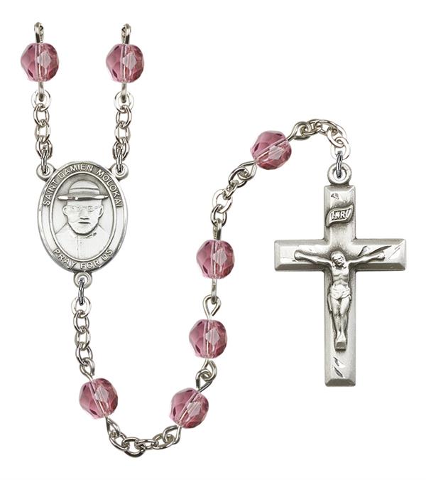 St. Damien of Molokai Rosary, 6mm Fire Polished Amethyst Beads, Silver Plate, # 15551