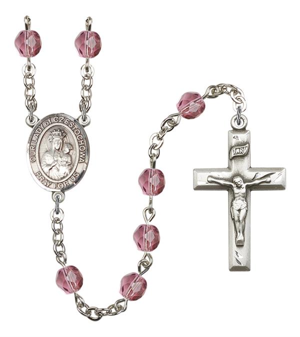 Our Lady of Czestochowa Rosary, 6mm Fire Polished Amethyst Beads, Silver Plate, # 15561