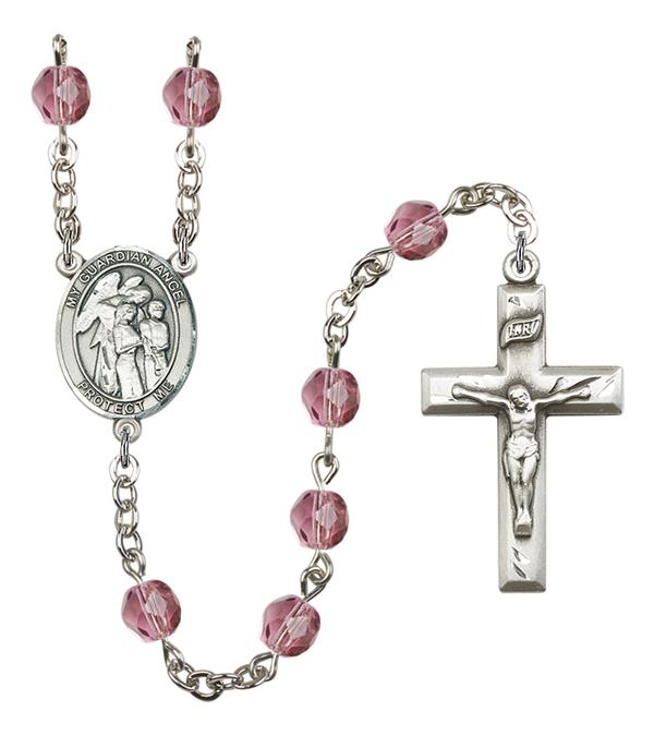Guardian Angel w/ Children Rosary, 6mm Fire Polished Amethyst Beads, Silver Plate, # 15576