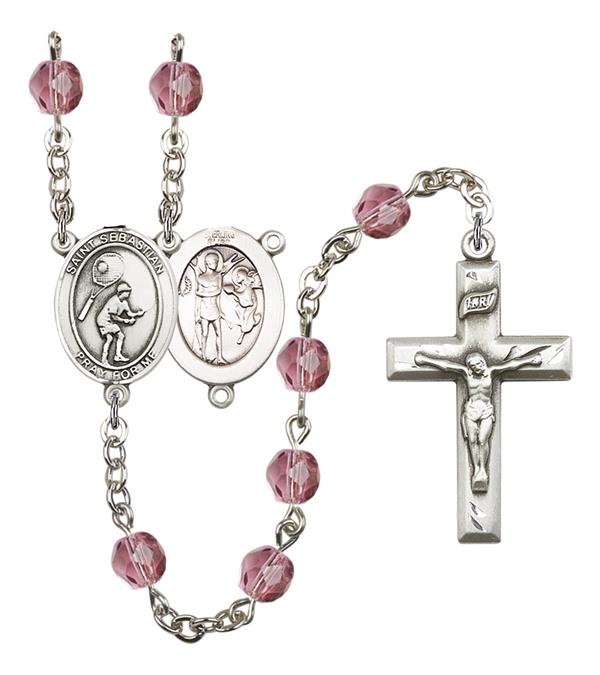 St. Sebastian / Tennis Rosary, 6mm Fire Polished Amethyst Beads, Silver Plate, # 15612
