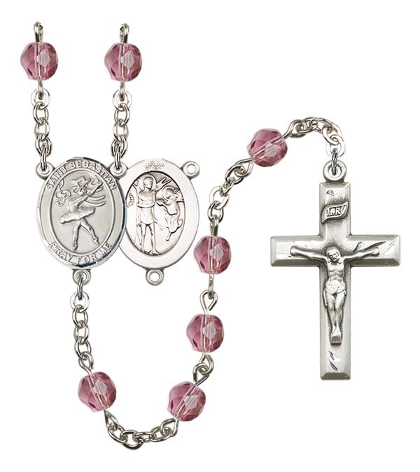 St. Sebastian / Dance Rosary, 6mm Fire Polished Amethyst Beads, Silver Plate, # 15619