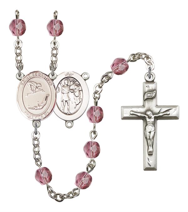 St. Sebastian / Gymnastics Rosary, 6mm Fire Polished Amethyst Beads, Silver Plate, # 15620