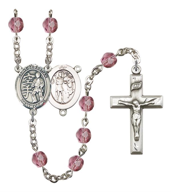 St. Sebastian / Karate Rosary, 6mm Fire Polished Amethyst Beads, Silver Plate, # 15622