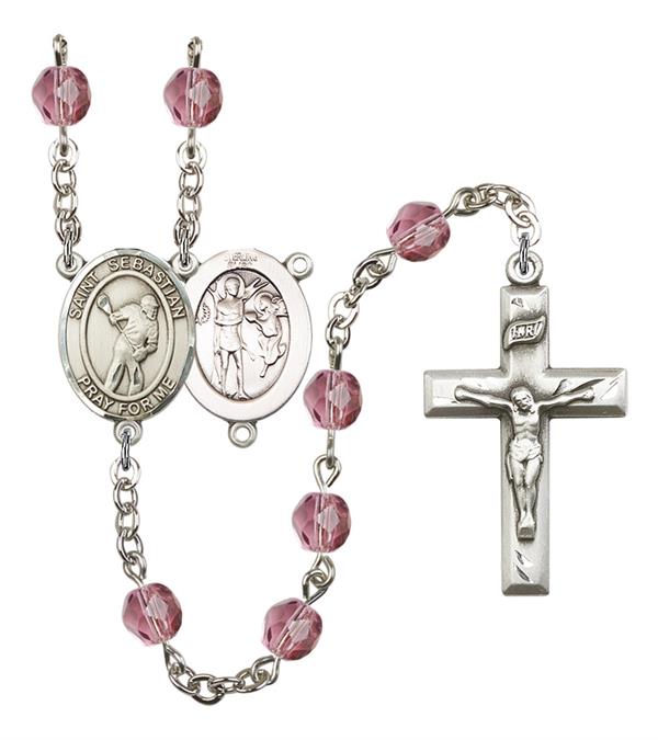 St. Sebastian / Lacrosse Rosary, 6mm Fire Polished Amethyst Beads, Silver Plate, # 15623