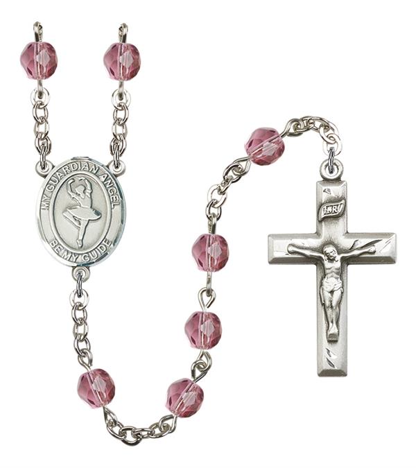Guardian Angel / Dance Rosary, 6mm Fire Polished Amethyst Beads, Silver Plate, # 15637