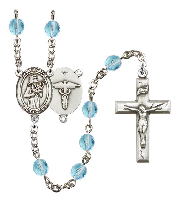 St. Agatha Nurse Rosary, 6mm Fire Polished Aqua Beads, Silver Plate, # 15641