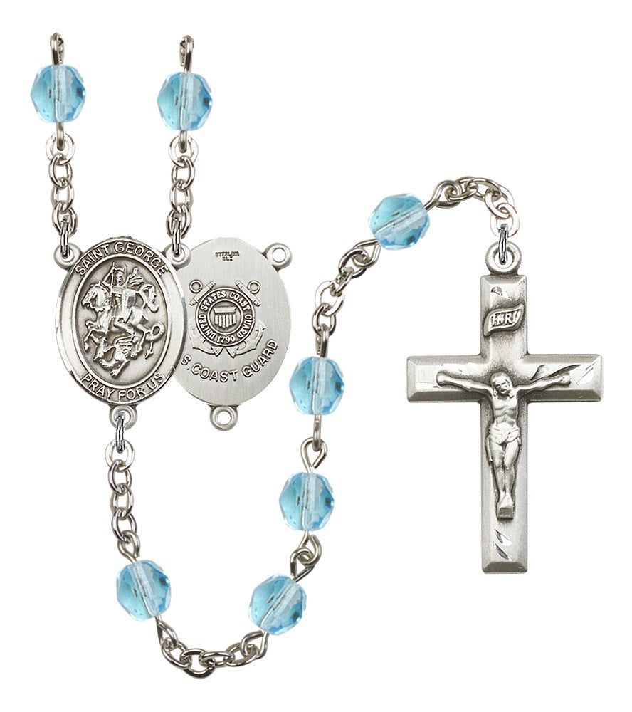 St. George U.S. Coast Guard Rosary, 6mm Fire Polished Aqua Beads, Silver Plate, # 15697