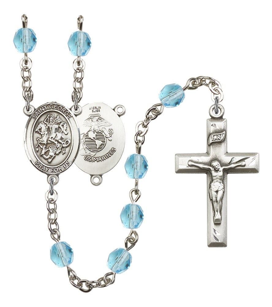 St. George U.S. Marines Rosary, 6mm Fire Polished Aqua Beads, Silver Plate, # 15698