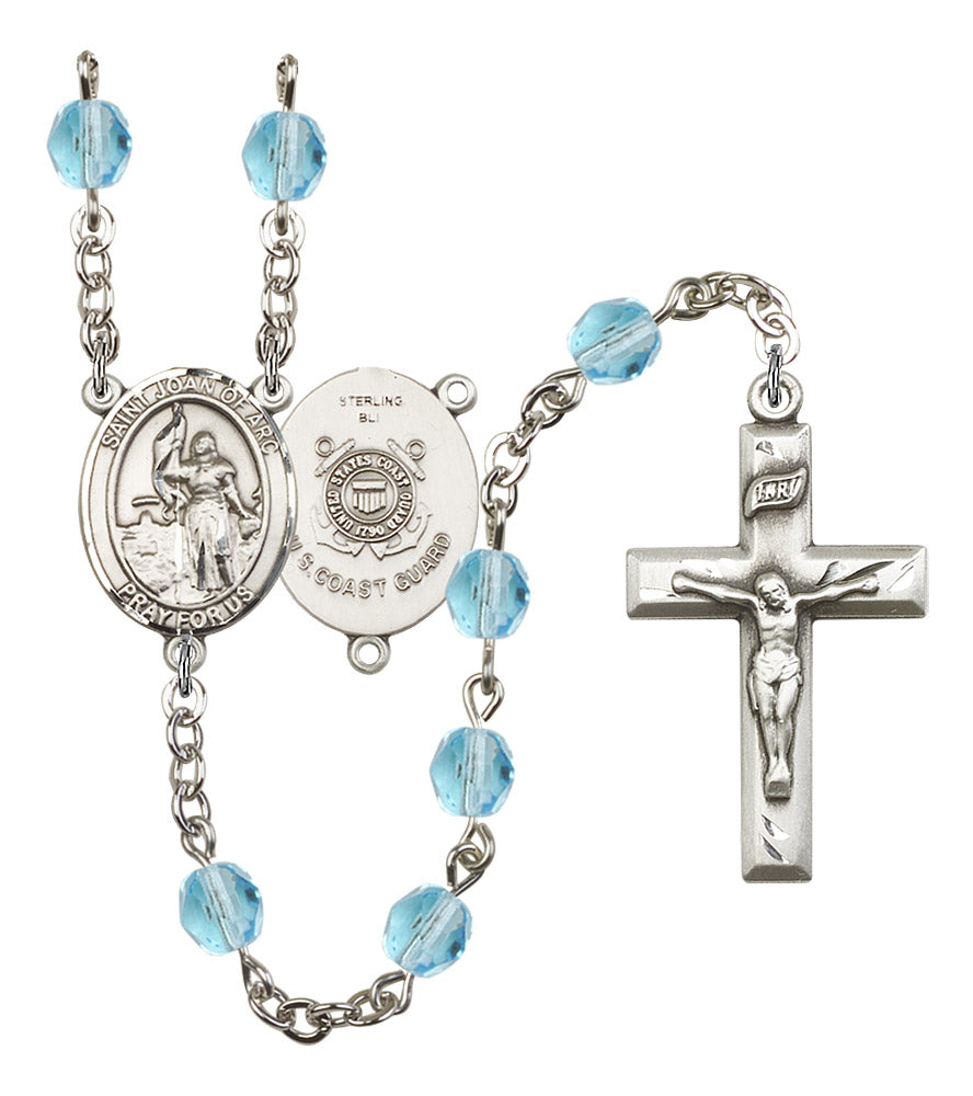 St. Joan of Arc U.S. Coast Guard Rosary, 6mm Fire Polished Aqua Beads, Silver Plate, # 15715