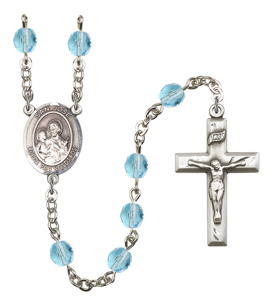 San Jose Rosary, 6mm Fire Polished Aqua Beads, Silver Plate, # 15722