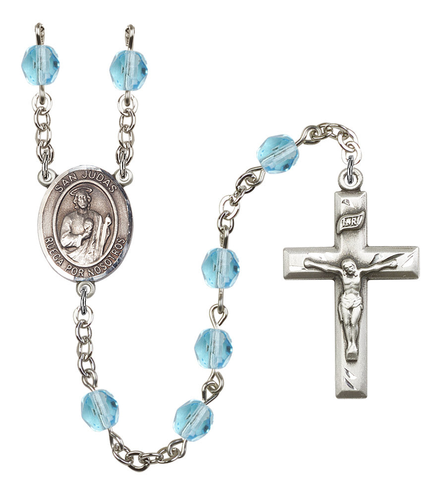 San Judas Spanish Rosary, 6mm Fire Polished Aqua Beads, Silver Plate, # 15725