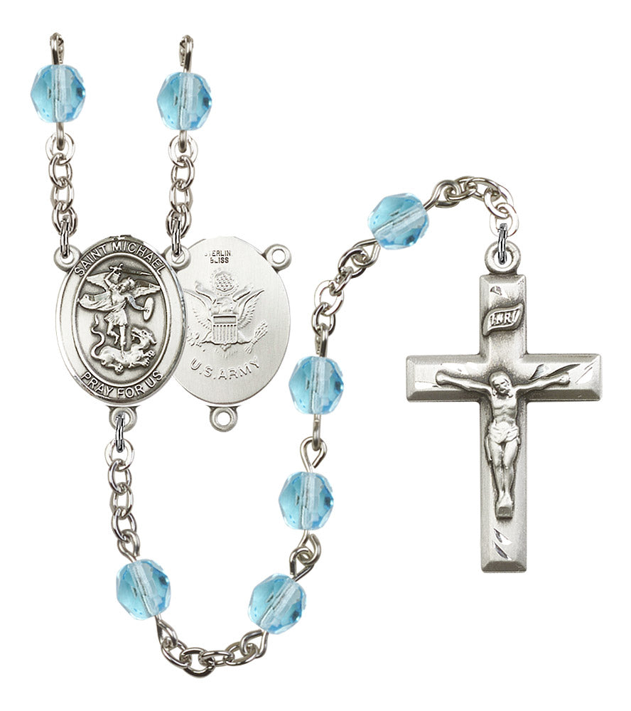 St. Michael U.S. Army Rosary, 6mm Fire Polished Aqua Beads, Silver Plate, # 15746