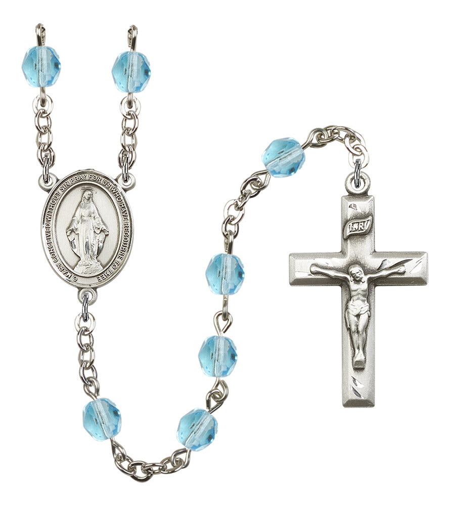 Miraculous Medal Rosary, 6mm Fire Polished Aqua Beads, Silver Plate, # 15754