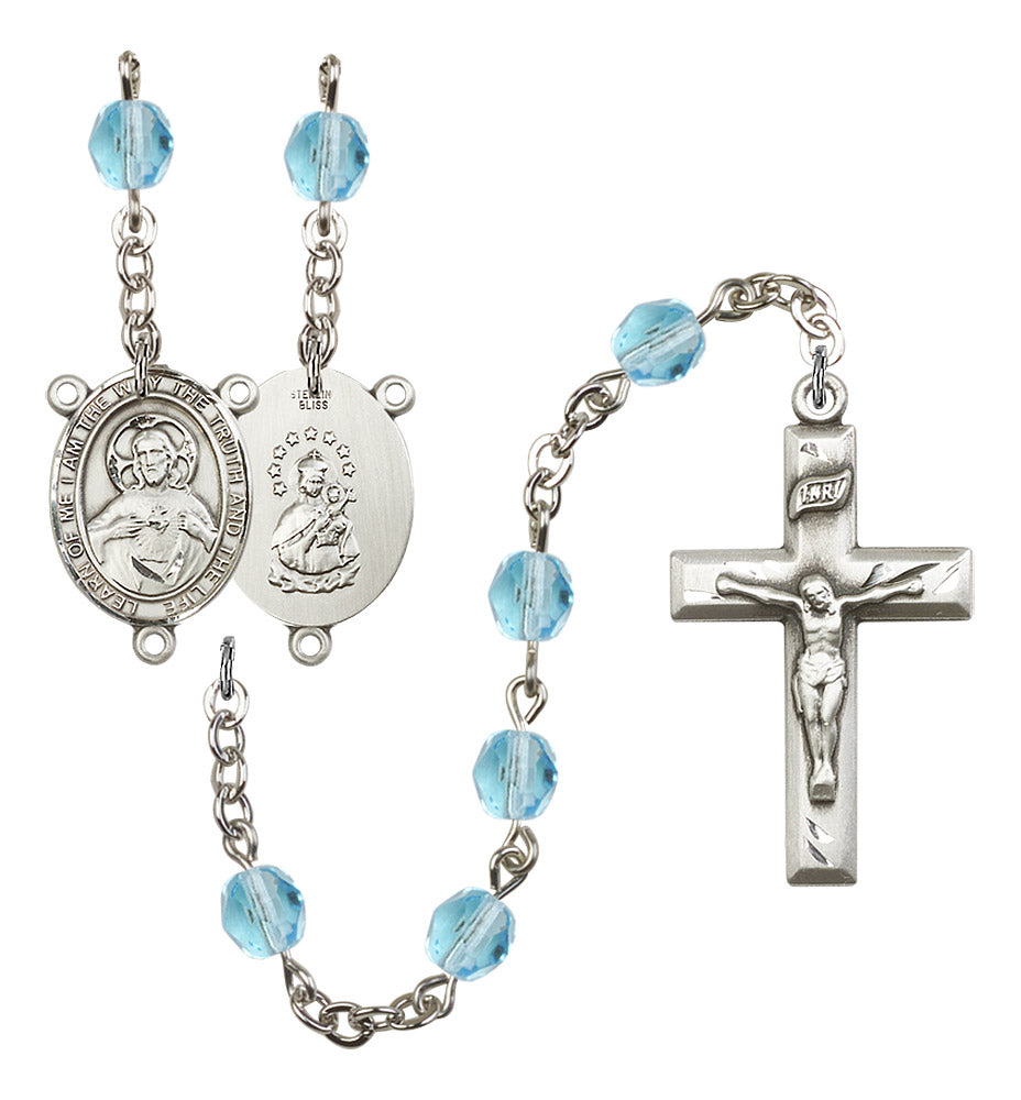 I am the Way, Truth and Life Rosary, 6mm Fire Polished Aqua Beads, Silver Plate, # 15778