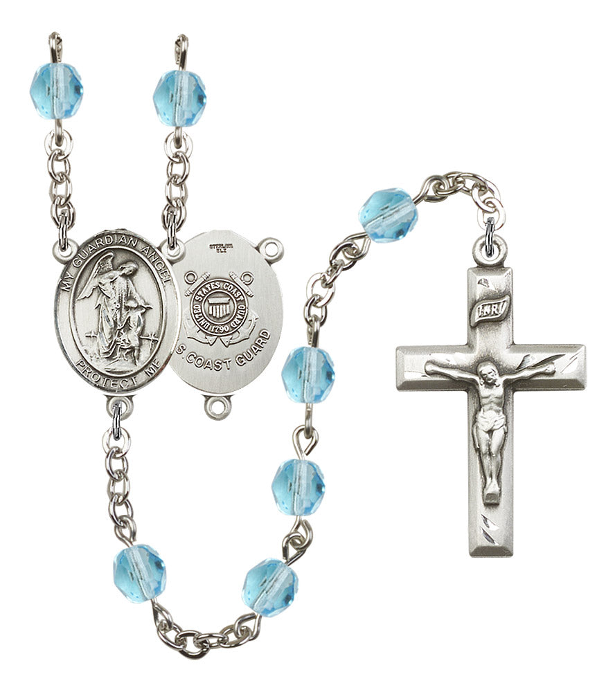 Guardian Angel U.S. Coast Guard Rosary, 6mm Fire Polished Aqua Beads, Silver Plate, # 15804