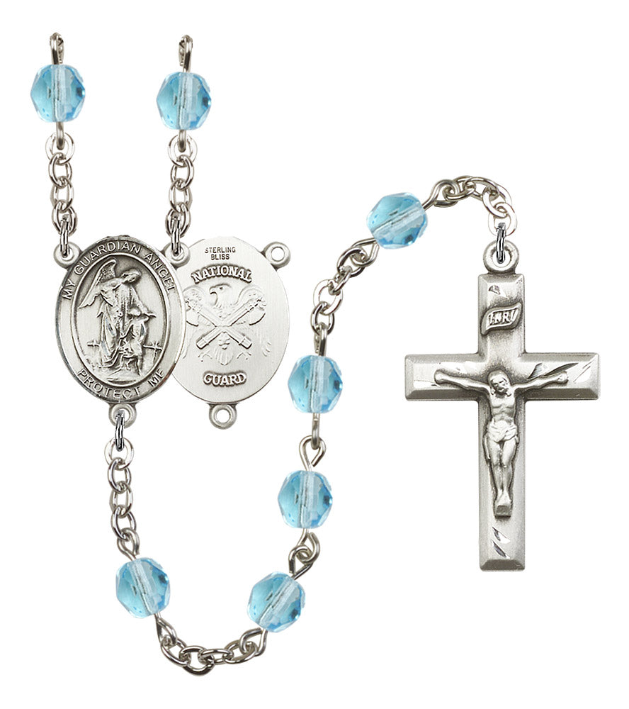 Guardian Angel National Guard Rosary, 6mm Fire Polished Aqua Beads, Silver Plate, # 15806