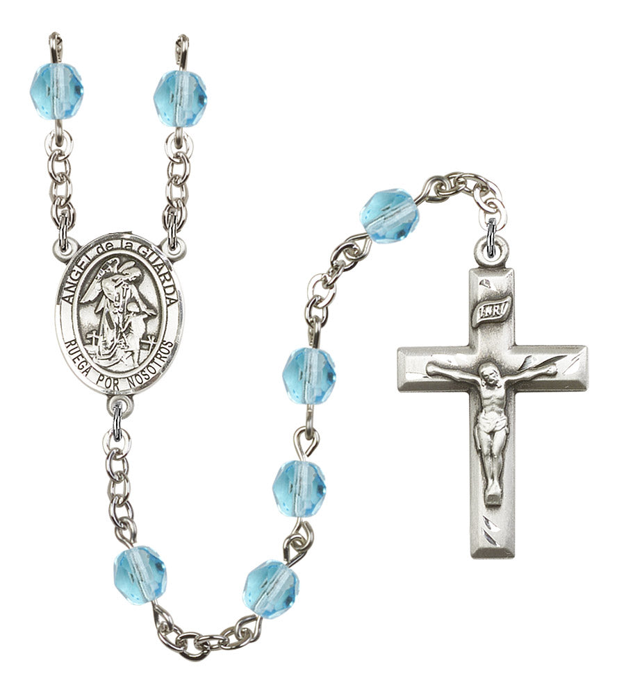 Angel de la Guarda Spanish Rosary, 6mm Fire Polished Aqua Beads, Silver Plate, # 15809