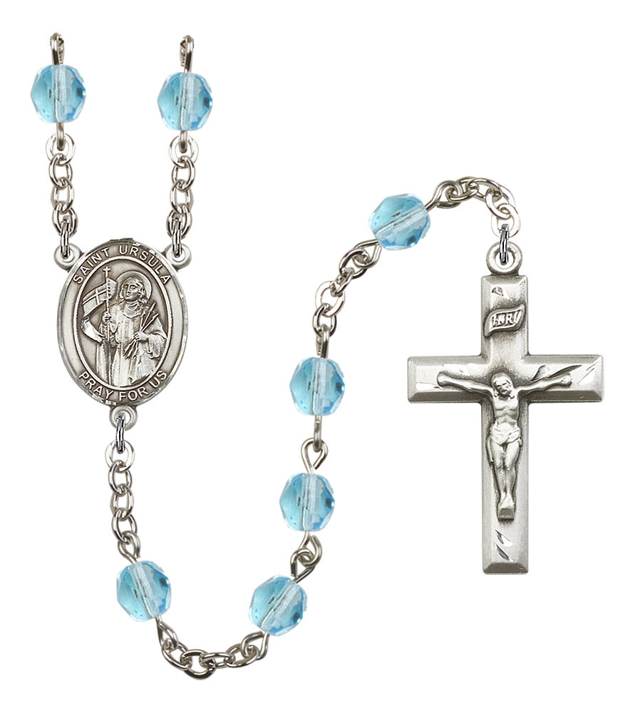 St. Ursula Rosary, 6mm Fire Polished Aqua Beads, Silver Plate, # 15818