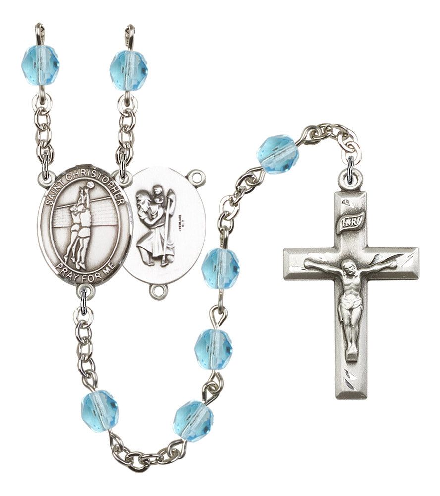 St. Christopher / Volleyball Rosary, 6mm Fire Polished Aqua Beads, Silver Plate, # 15829