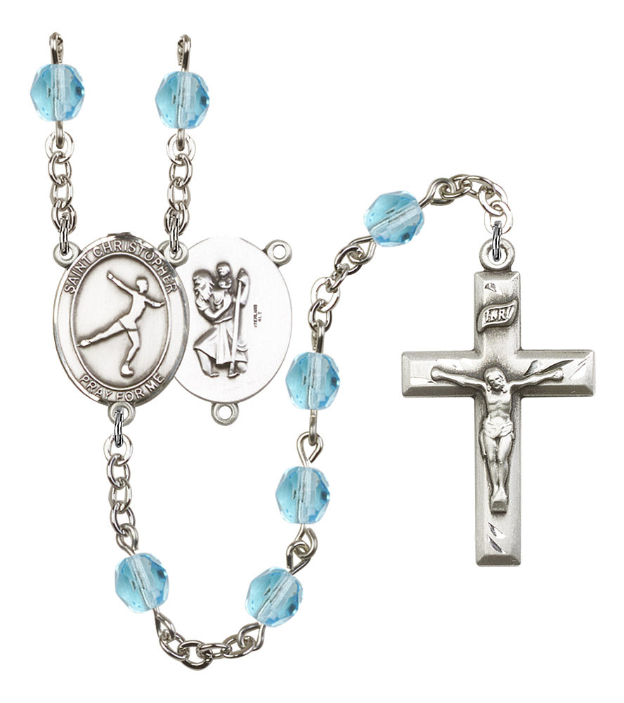 St. Christopher / Figure Skating Rosary, 6mm Fire Polished Aqua Beads, Silver Plate, # 15830