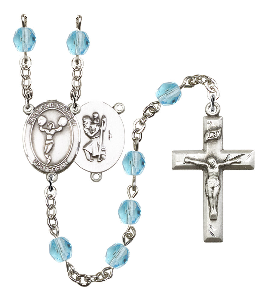 St. Christopher / Cheerleading Rosary, 6mm Fire Polished Aqua Beads, Silver Plate, # 15831