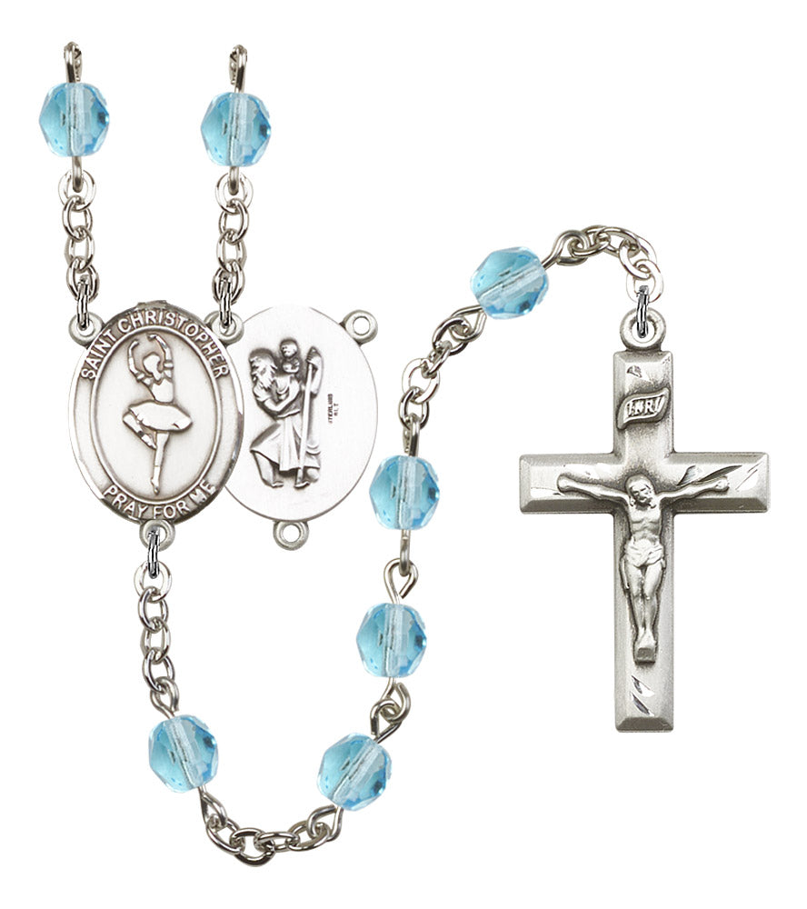 St. Christopher / Dance Rosary, 6mm Fire Polished Aqua Beads, Silver Plate, # 15833