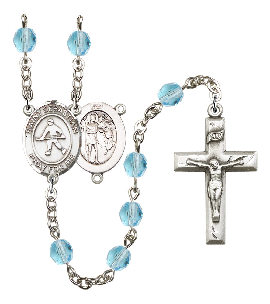 St. Sebastian / Field Hockey Rosary, 6mm Fire Polished Aqua Beads, Silver Plate, # 15865
