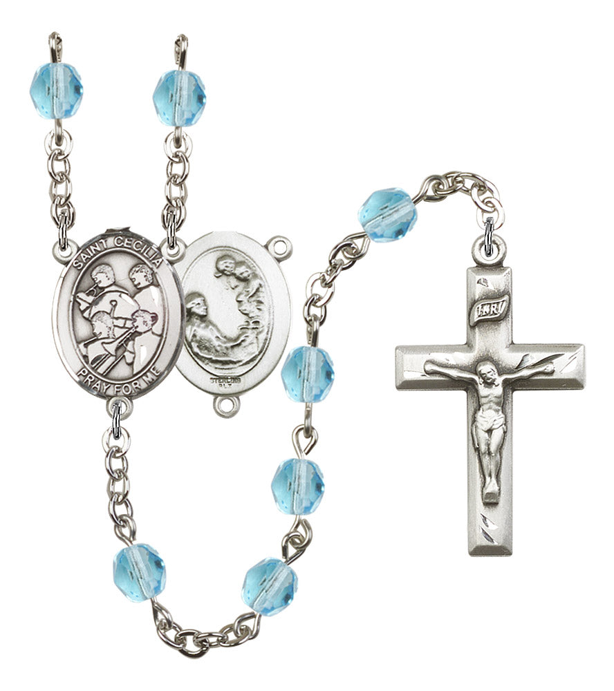 St. Cecilia / Marching Band Rosary, 6mm Fire Polished Aqua Beads, Silver Plate, # 15866