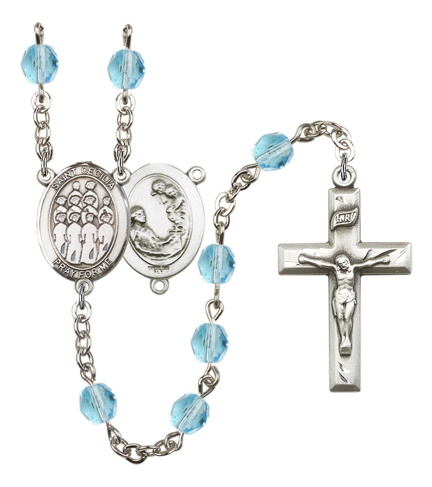 St. Cecilia / Choir Rosary, 6mm Fire Polished Aqua Beads, Silver Plate, # 15867