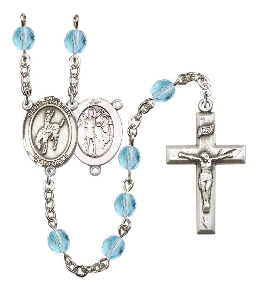 St. Sebastian / Rodeo Rosary, 6mm Fire Polished Aqua Beads, Silver Plate, # 15879