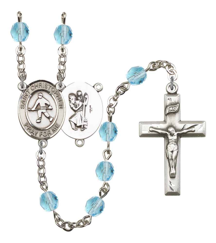St. Christopher / Field Hockey Rosary, 6mm Fire Polished Aqua Beads, Silver Plate, # 15884