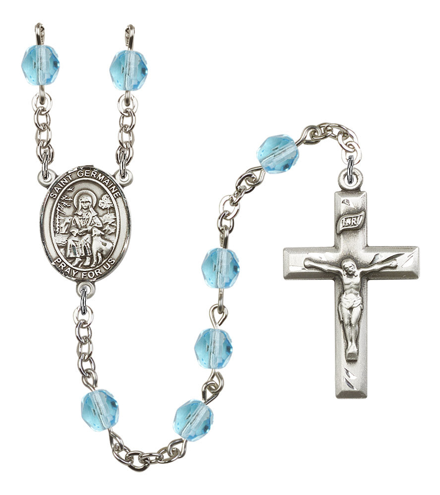 St. Germaine Cousin Rosary, 6mm Fire Polished Aqua Beads, Silver Plate, # 15905