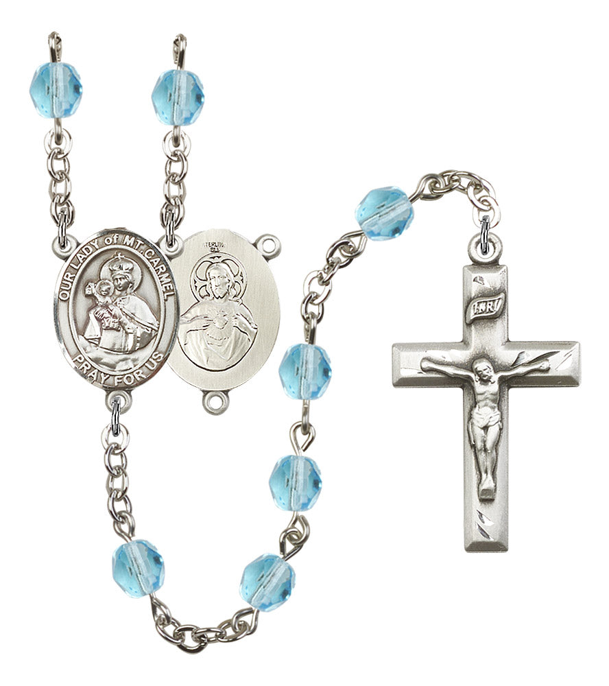 Our Lady of Mount Carmel Rosary, 6mm Fire Polished Aqua Beads, Silver Plate, # 15938