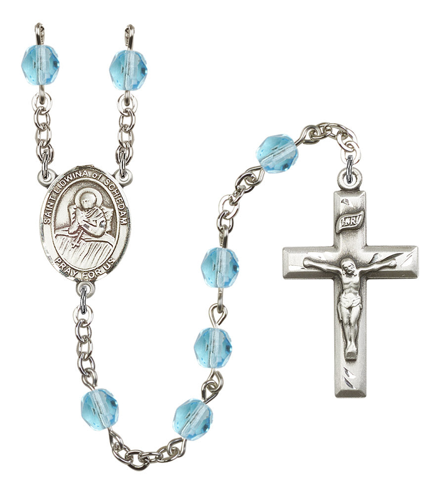 St. Lidwina of Schiedam Rosary, 6mm Fire Polished Aqua Beads, Silver Plate, # 15995