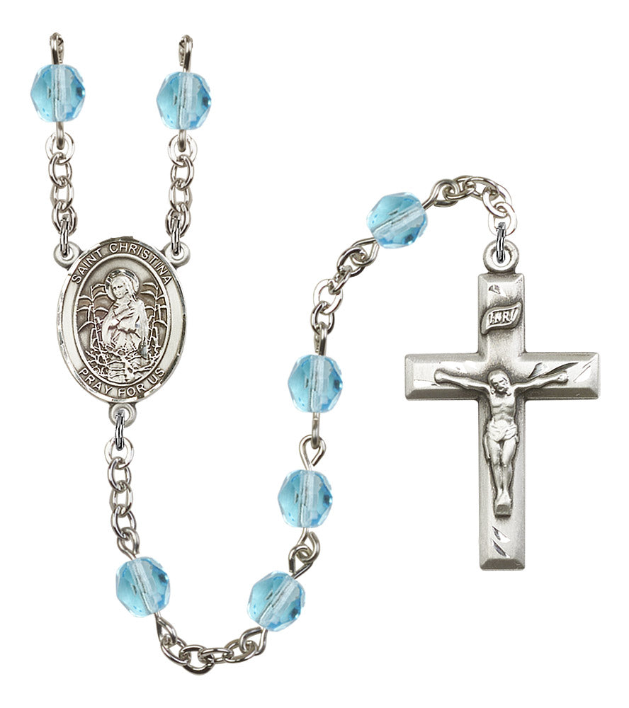 St. Christina the Astonishing Rosary, 6mm Fire Polished Aqua Beads, Silver Plate, # 16022