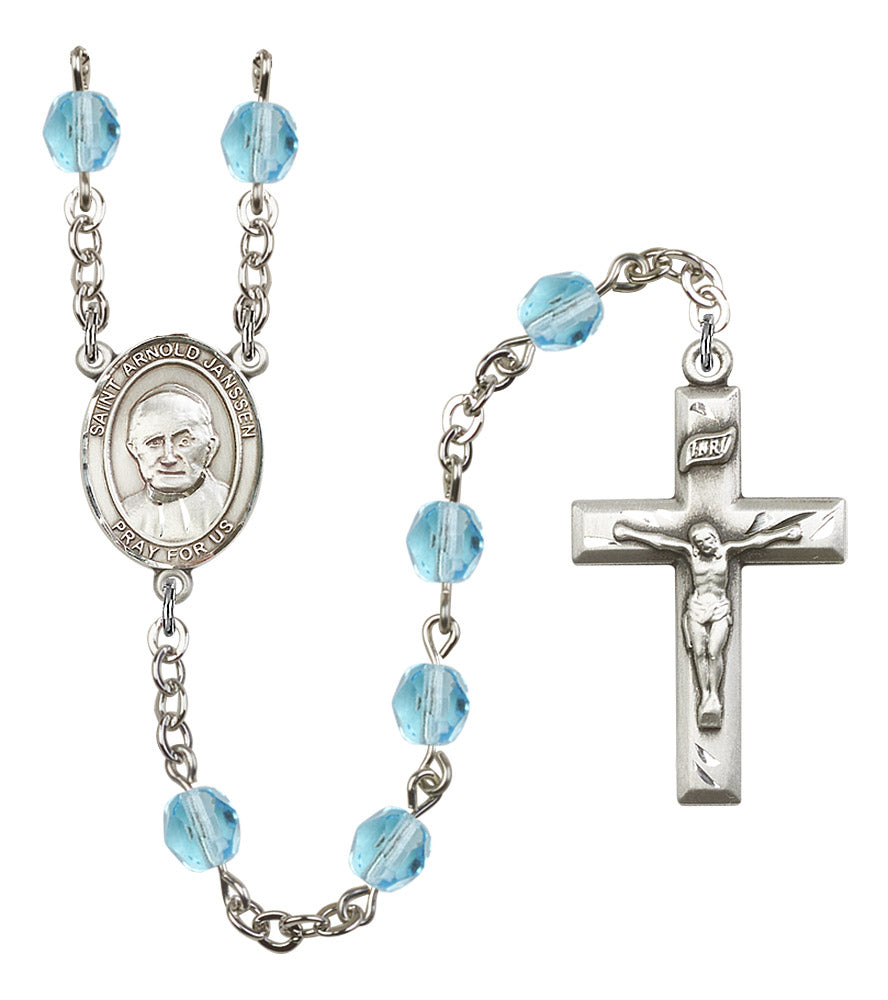 St. Arnold Janssen Rosary, 6mm Fire Polished Aqua Beads, Silver Plate, # 16030