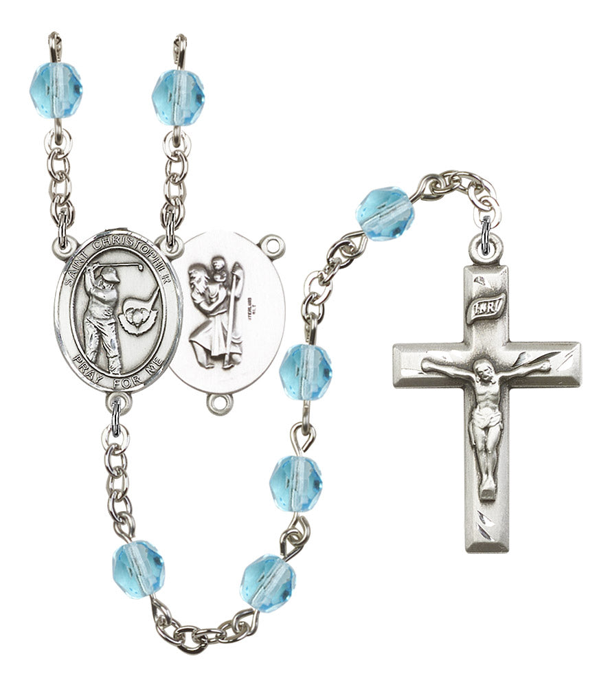 St. Christopher / Golf Rosary, 6mm Fire Polished Aqua Beads, Silver Plate, # 16213