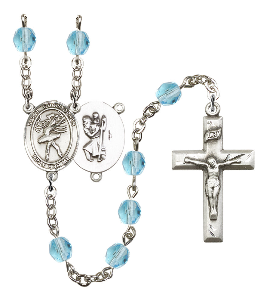 St. Christopher / Dance Rosary, 6mm Fire Polished Aqua Beads, Silver Plate, # 16219