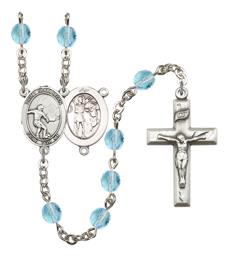 St. Sebastian / Soccer Rosary, 6mm Fire Polished Aqua Beads, Silver Plate, # 16227