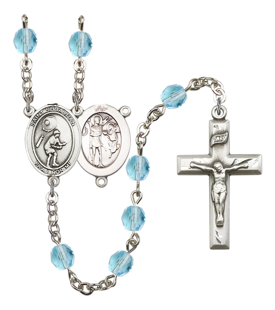 St. Sebastian / Tennis Rosary, 6mm Fire Polished Aqua Beads, Silver Plate, # 16229