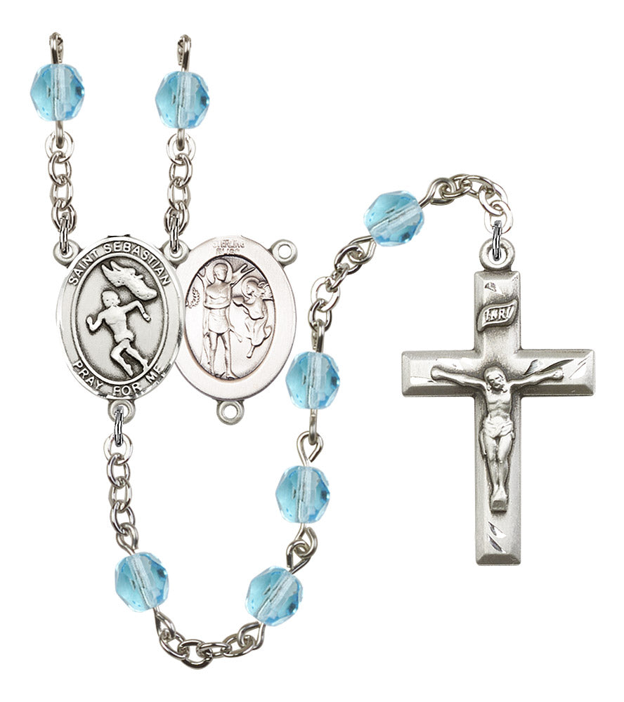 St. Sebastian / Women's Track & Field Rosary, 6mm Fire Polished Aqua Beads, Silver Plate, # 16235