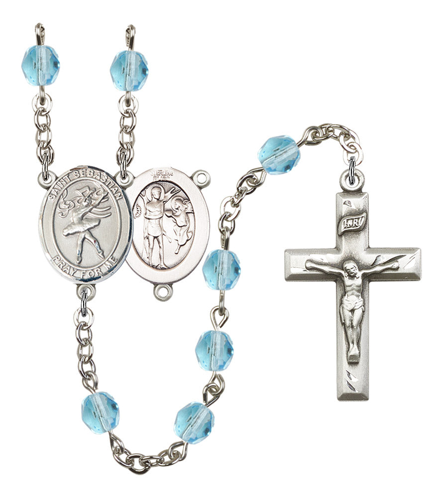 St. Sebastian / Dance Rosary, 6mm Fire Polished Aqua Beads, Silver Plate, # 16237