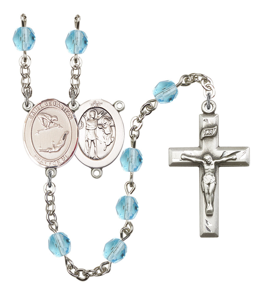 St. Sebastian / Gymnastics Rosary, 6mm Fire Polished Aqua Beads, Silver Plate, # 16238