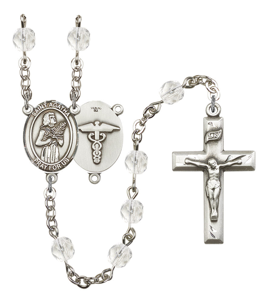 St. Agatha Nurse Rosary, 6mm Fire Polished Crystal Beads, Silver Plate, # 16265