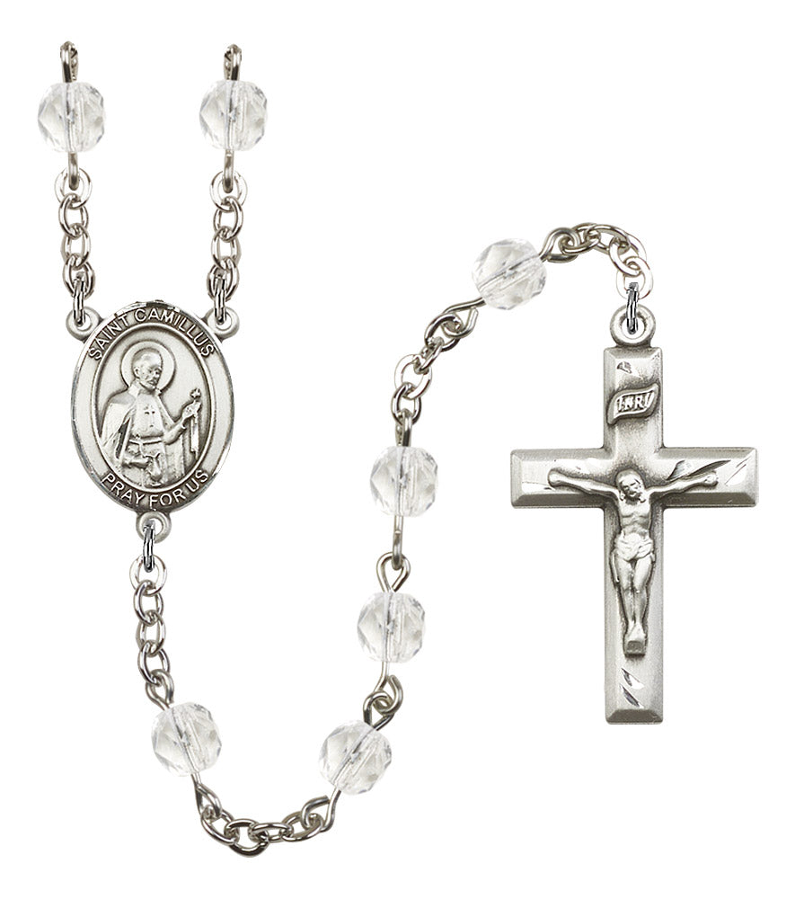 St. Camillus Rosary, 6mm Fire Polished Crystal Beads, Silver Plate, # 16312