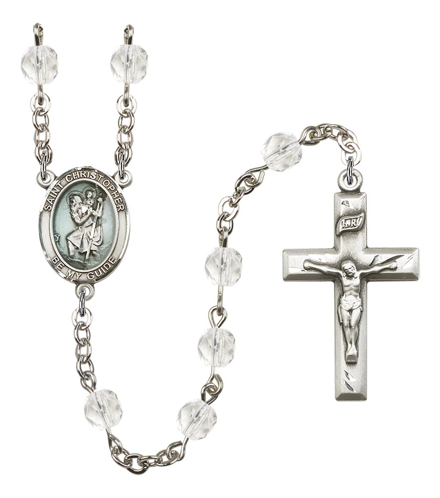 St. Christopher Rosary, Blue Enamel, 6mm Fire Polished Crystal Beads, Silver Plate, # 16317