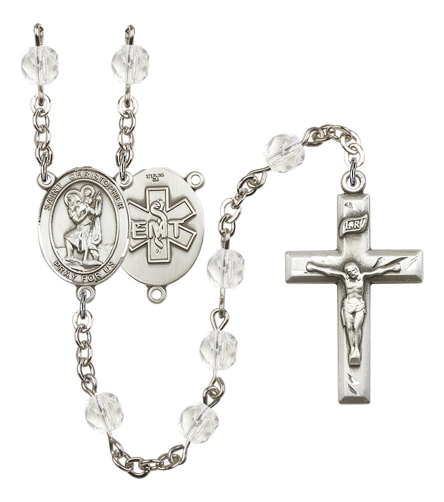 St. Christopher EMT Rosary, 6mm Fire Polished Crystal Beads, Silver Plate, # 16321