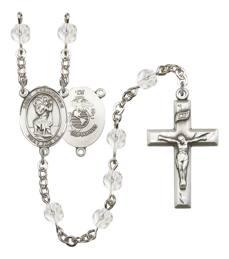 St. Christopher U.S. Marines Rosary, 6mm Fire Polished Crystal Beads, Silver Plate, # 16324