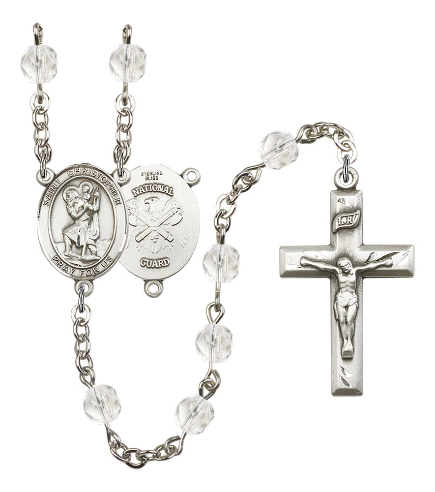 St. Christopher National Guard Rosary, 6mm Fire Polished Crystal Beads, Silver Plate, # 16325