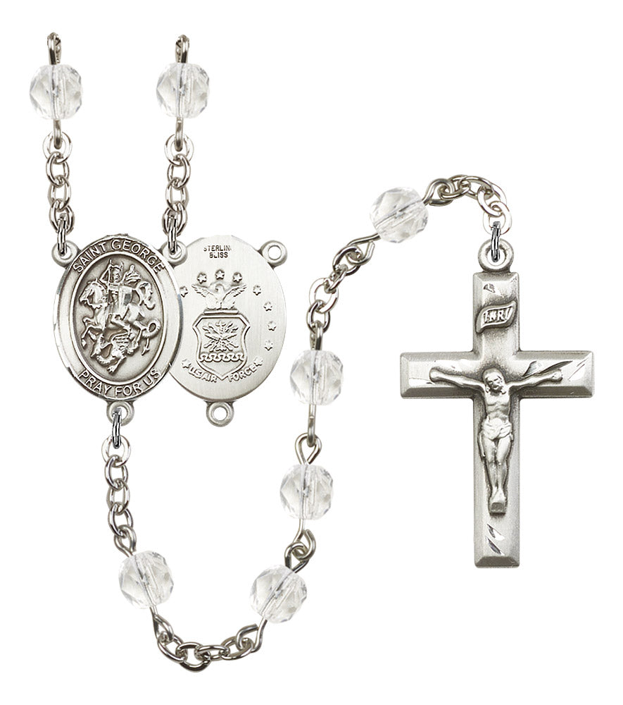 St. George U.S. Air Force Rosary, 6mm Fire Polished Crystal Beads, Silver Plate, # 16348